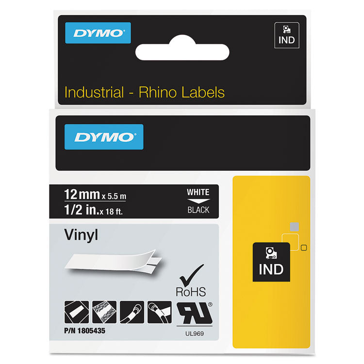 DYMO - Rhino Permanent Vinyl Industrial Label Tape, 0.5" x 18 ft, Black/White Print