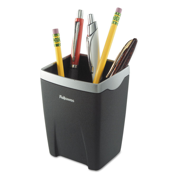 Fellowes - Office Suites Divided Pencil Cup, Plastic, 3.13 x 3.13 x 4.25, Black/Silver