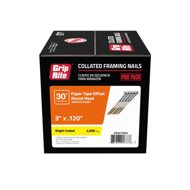 GRIP-RITE - Grip-Rite 3 in. 12 Ga. Angled Strip Bright Framing Nails 30 deg 2000 pk [GRSP10DH]