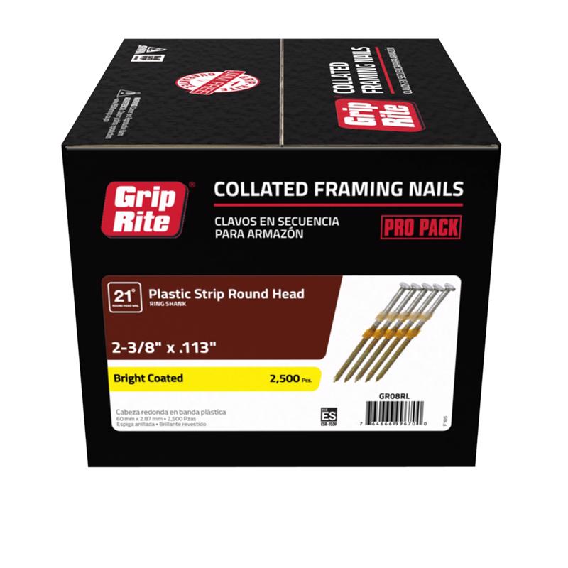 GRIP-RITE - Grip-Rite 2-3/8 in. 12 Ga. Angled Strip Bright Framing Nails 21 deg 2500 pk [GR08RL]