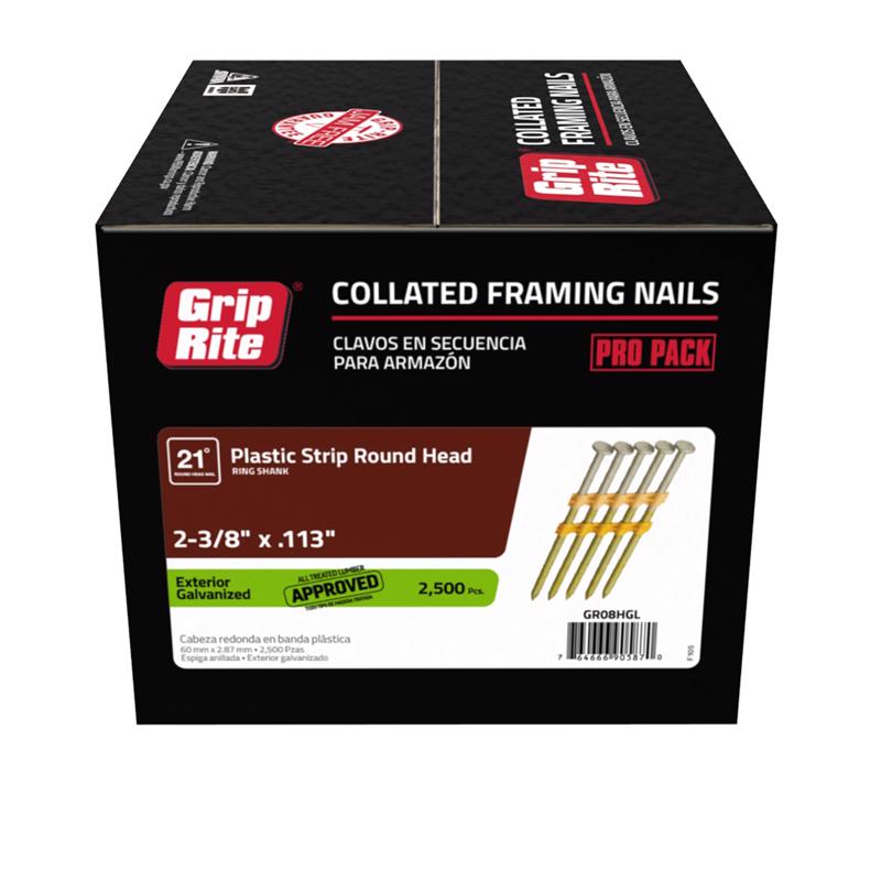 GRIP-RITE - Grip-Rite 2-3/8 in. 12 Ga. Angled Strip Hot-Dip Galvanized Framing Nails 21 deg 2500 pk