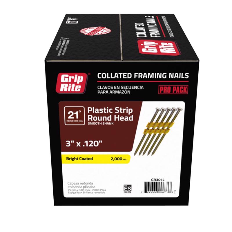 GRIP-RITE - Grip-Rite 3 in. 11 Ga. Angled Strip Bright Framing Nails 21 deg 2000 pk