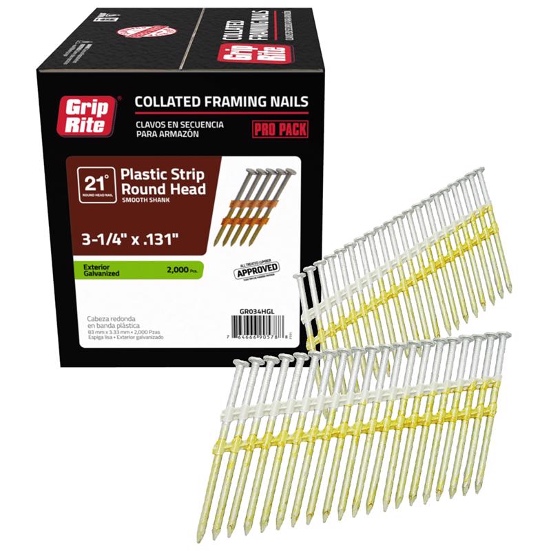 GRIP-RITE - Grip-Rite 3-3/4 in. 10 Ga. Angled Strip Hot-Dip Galvanized Framing Nails 21 deg 2000 pk