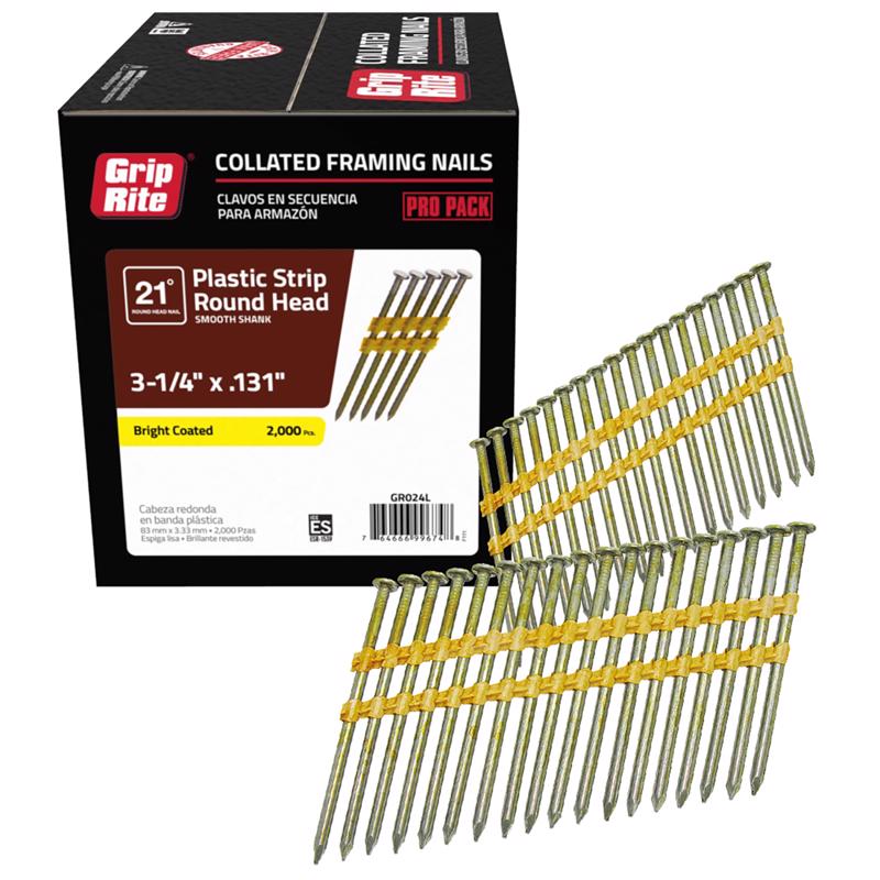 GRIP-RITE - Grip-Rite 3-1/4 in. 10-1/4 Ga. Angled Strip Bright Framing Nails 21 deg 2000 pk