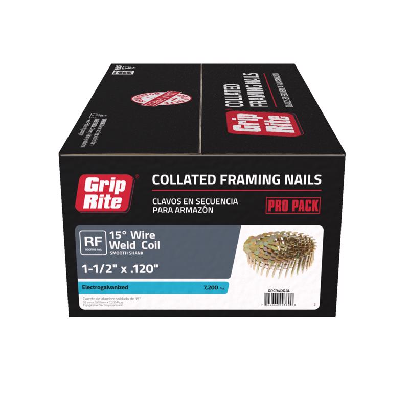 GRIP-RITE - Grip-Rite 1-1/2 in. 11 Ga. Angled Coil Electro Galvanized Roofing Nails 15 deg 7200 pk