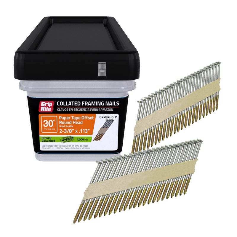 GRIP-RITE - Grip-Rite 2-3/8 in. 12 Ga. Angled Strip Hot-Dip Galvanized Framing Nails 30 deg 1000 pk