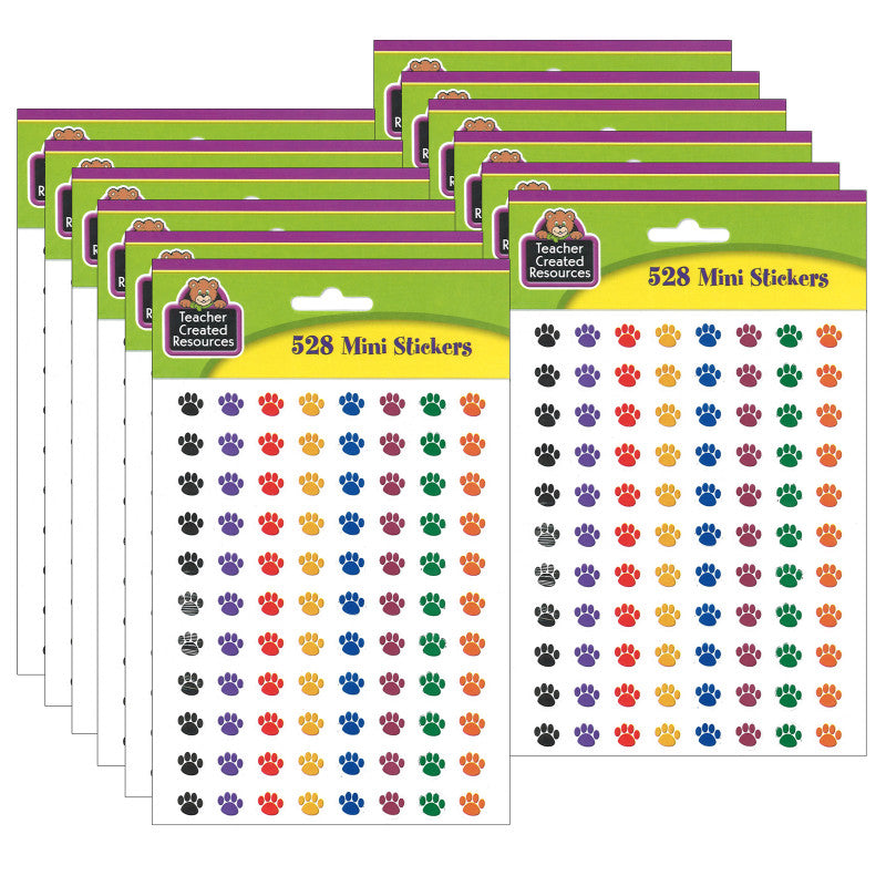TEACHER CREATED RESOURCES - Colorful Paw Prints Mini Stickers, 3/8"Dia, 528 Per Pack, 12 Packs