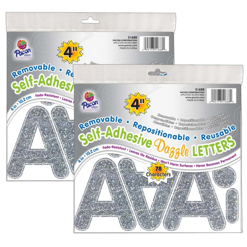 PACON - Self-Adhesive Letters, Silver Dazzle, Puffy Font, 4", 78 Per Pack, 2 Packs