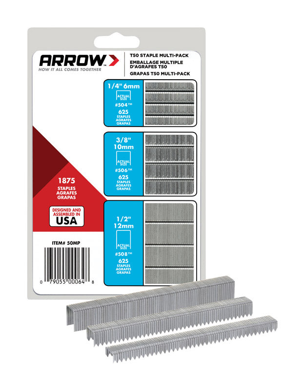 ARROW - Arrow T50 3/8 in. W 18 Ga. Flat Crown Heavy Duty Staple Assortment 1875 pk