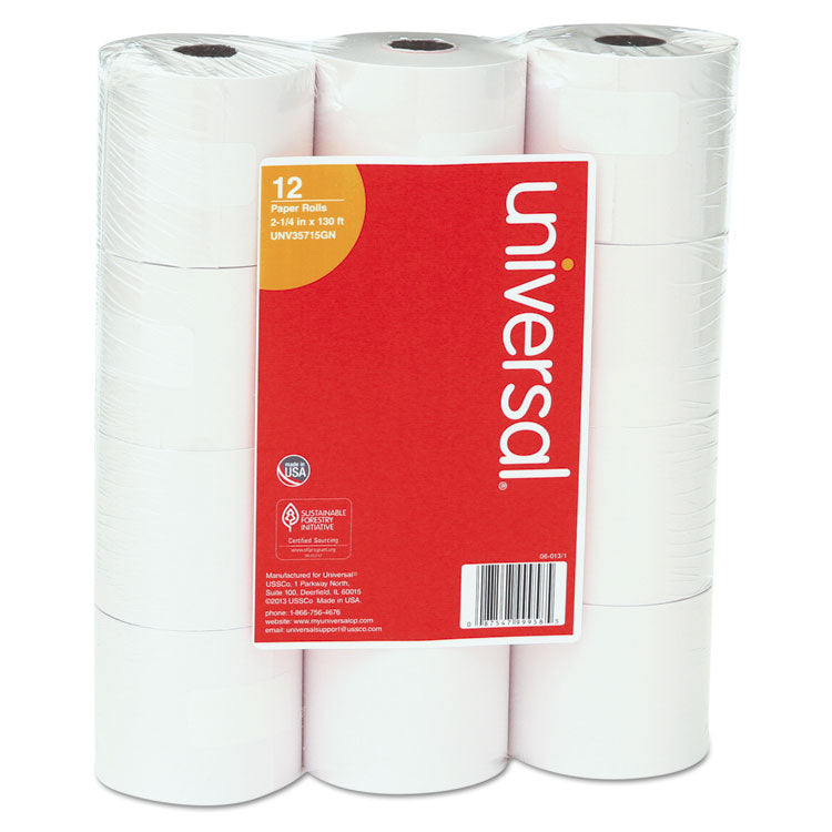 Universal - Impact and Inkjet Print Bond Paper Rolls, 0.5" Core, 2.25" x 130 ft, White, 12/Pack