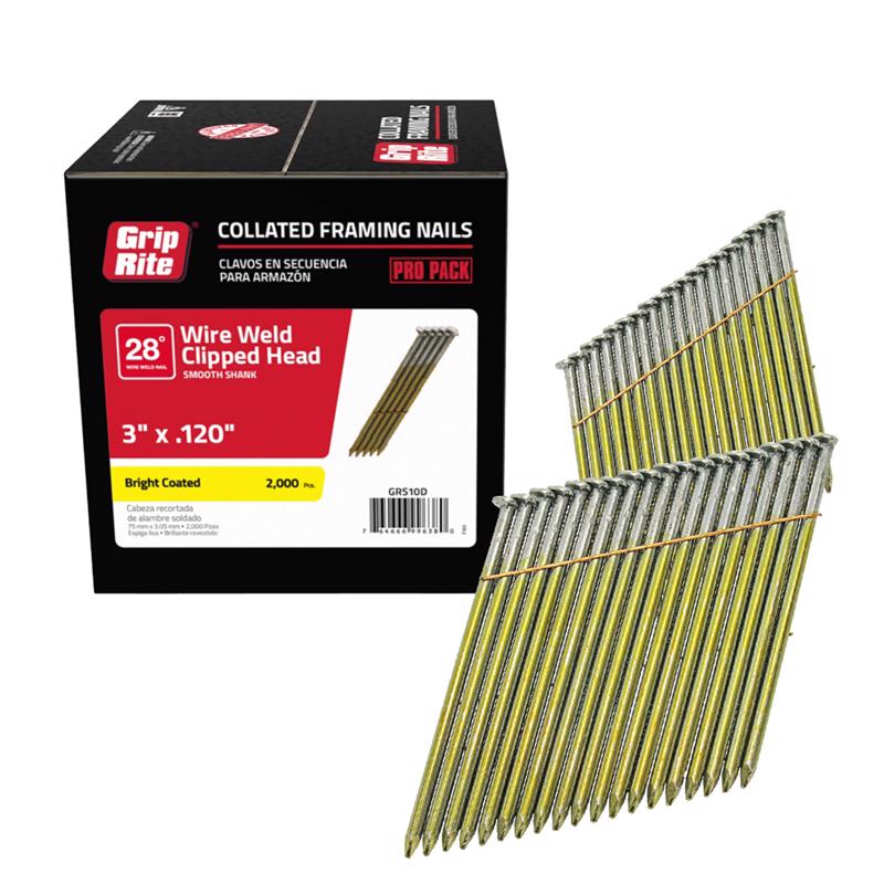 GRIP-RITE - Grip-Rite 3 in. 11 Ga. Angled Strip Bright Framing Nails 28 deg 2000 pk