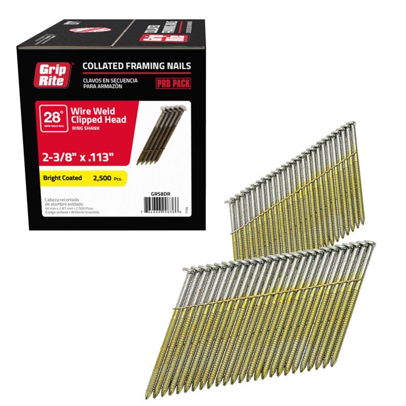 GRIP-RITE - Grip-Rite 2-3/8 in. 11-1/2 Ga. Angled Strip Bright Framing Nails 28 deg 2500 pk [GRS8DR]