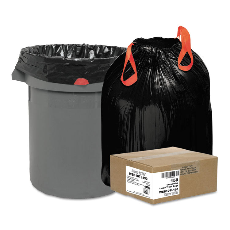 Draw 'n Tie - Heavy-Duty Trash Bags, 33 gal, 1.2 mil, 33.5" x 38", Black, 150/Box