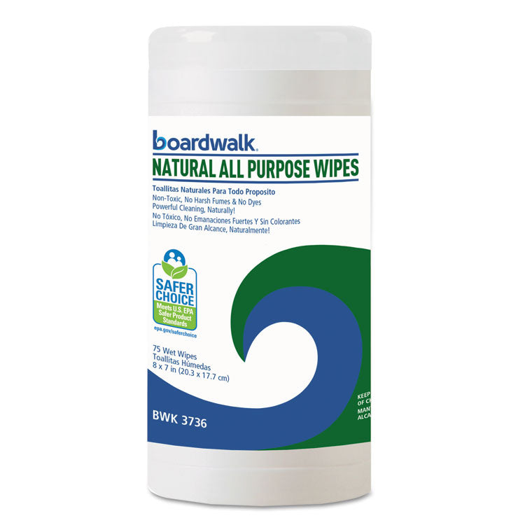 Boardwalk - Natural All Purpose Wipes, 7 x 8, Unscented, 75 Wipes/Canister, 6/Carton