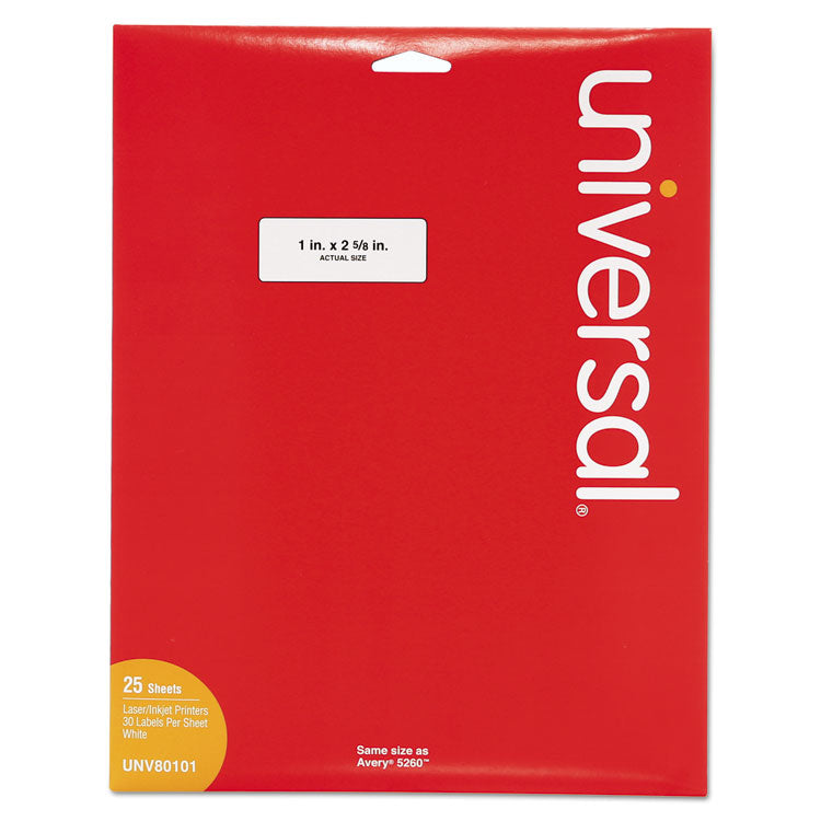 Universal - White Labels, Inkjet/Laser Printers, 1 x 2.63, White, 30/Sheet, 25 Sheets/Pack