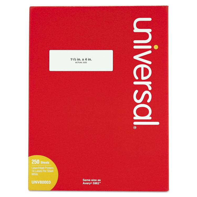 Universal - White Labels, Inkjet/Laser Printers, 1.33 x 4, White, 14/Sheet, 250 Sheets/Box