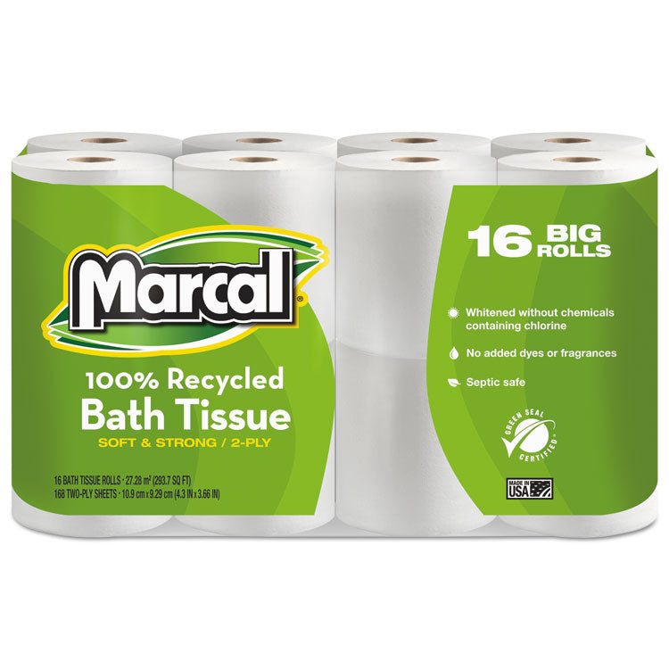 Marcal - 100% Recycled 2-Ply Bath Tissue, Septic Safe, White, 168 Sheets/Roll, 16 Rolls/Pack