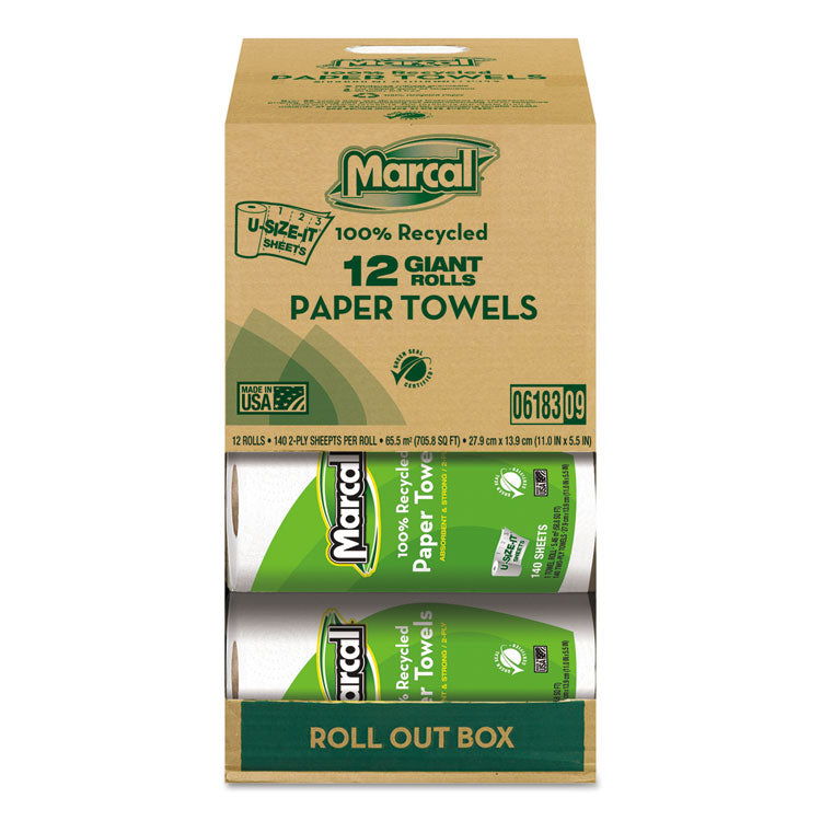 Marcal - 100% Premium Recycled Kitchen Roll Towels, Roll Out Box, 2-Ply, 11 x 5.5, White, 140 Sheets, 12 Rolls/Carton