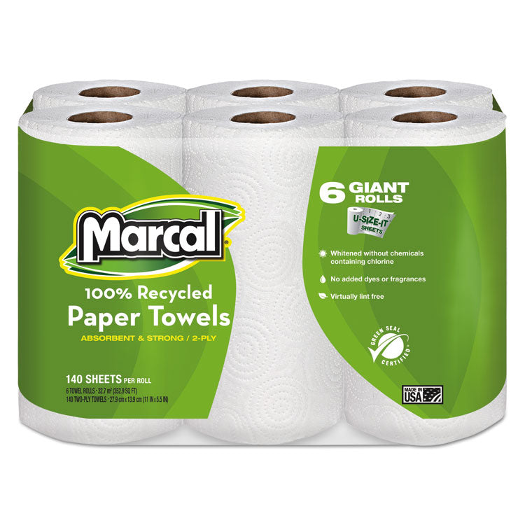 Marcal - 100% Premium Recycled Kitchen Roll Towels, 2-Ply, 11 x 5.5, White, 140/Roll, 24 Rolls/Carton
