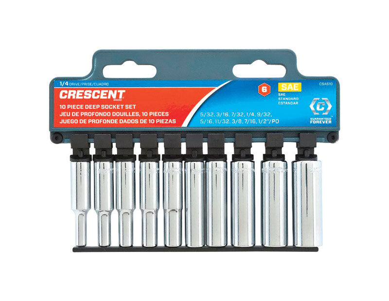 CRESCENT - Crescent Assorted Sizes X 1/4 in. drive SAE 6 Point Deep Well Socket Set 10 pc