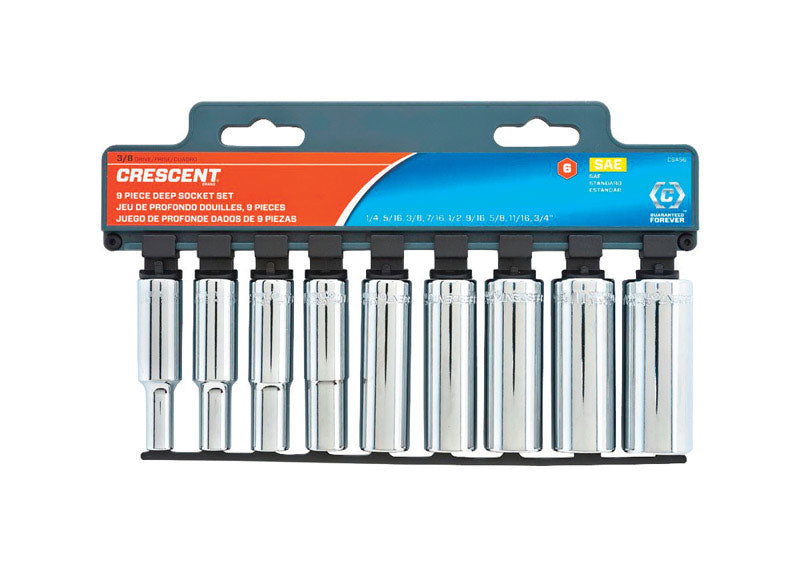 CRESCENT - Crescent Assorted Sizes X 3/8 in. drive SAE 6 Point Deep Well Socket Set 9 pc