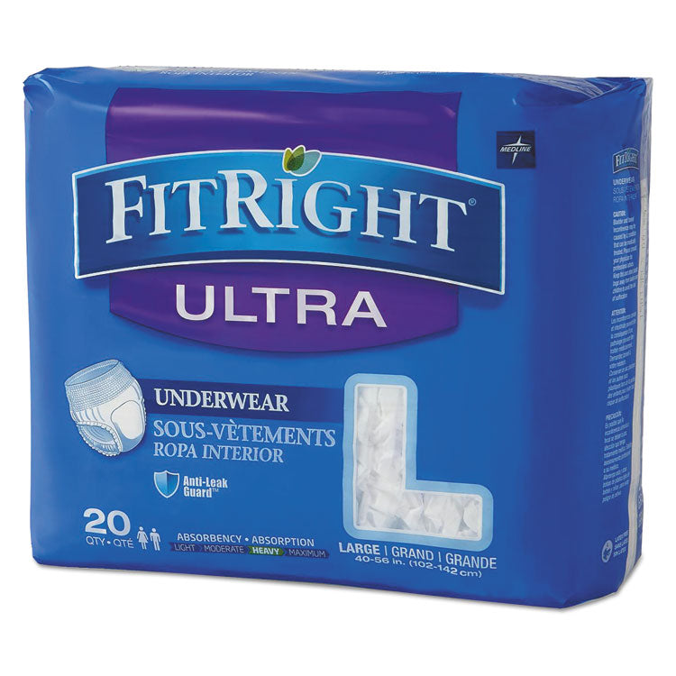 Medline - FitRight Ultra Protective Underwear, Large, 40" to 56" Waist, 20/Pack