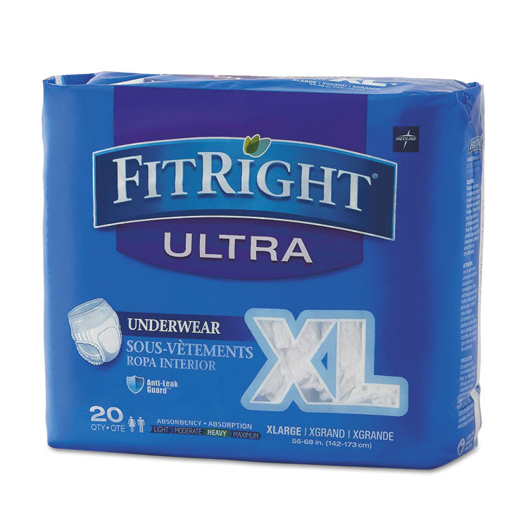 Medline - FitRight Ultra Protective Underwear, X-Large, 56" to 68" Waist, 20/Pack