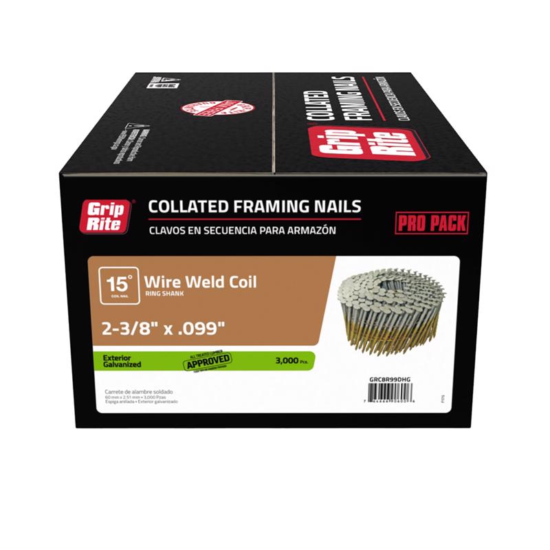 GRIP-RITE - Grip-Rite 2-3/8 in. 12 Ga. Angled Coil Hot-Dip Galvanized Framing Nails 15 deg 3000 pk