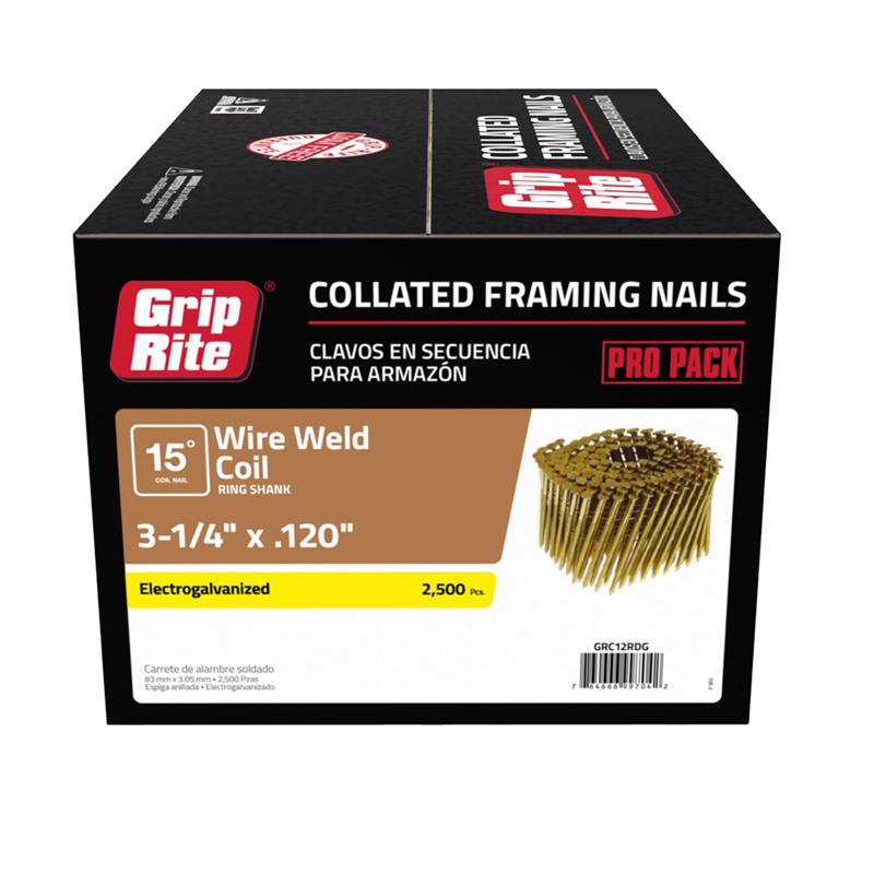 GRIP-RITE - Grip-Rite 3-1/4 in. 11 Ga. Angled Coil Electro Galvanized Framing Nails 15 deg 2500 pk