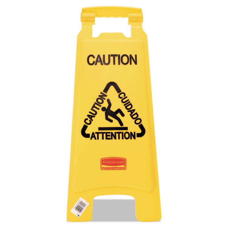 Rubbermaid Commercial - Multilingual "Caution" Floor Sign,  11 x 12 x 25, Bright Yellow