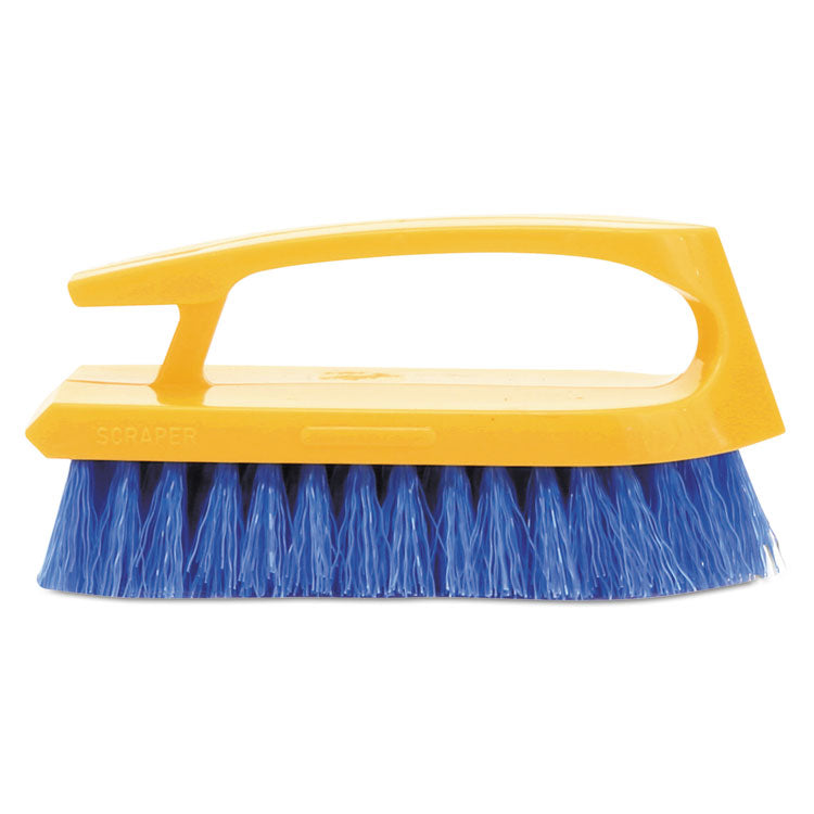 Rubbermaid Commercial - Iron-Shaped Handle Scrub Brush, Blue Polypropylene Bristles, 6" Brush, 6" Yellow Plastic Handle