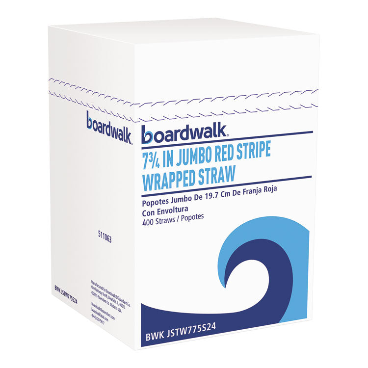 Boardwalk - Wrapped Jumbo Straws, 7.75", Plastic, Red w/White Stripe, 400/Pack, 25 Packs/Carton