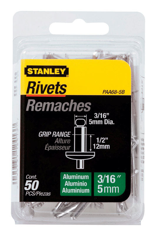 STANLEY - Stanley 3/16 in. D X 1/2 in. Aluminum Blind Rivets Silver 50 pk