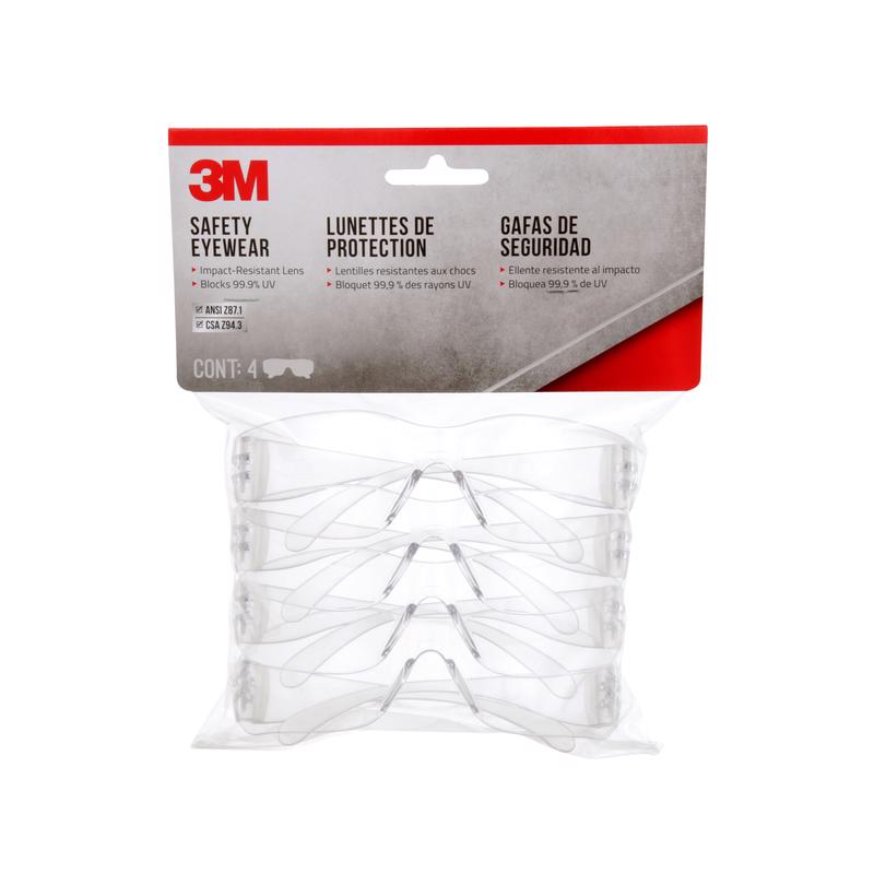 3M - 3M Impact-Resistant Safety Glasses Clear Lens Clear Frame 4 pk