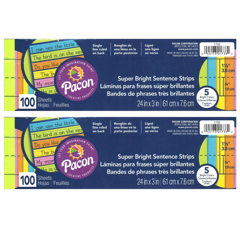 PACON - Sentence Strips, Assorted 5 Colors, 1-1/2" Ruled 3" x 24", 100 Strips Per Pack, 2 Packs