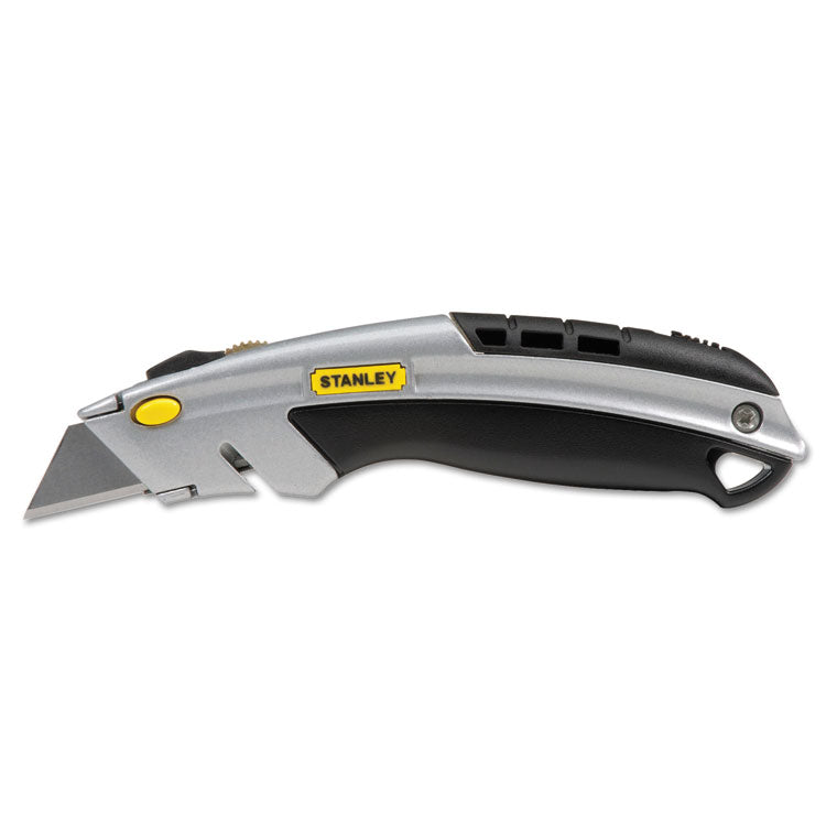 Stanley - Curved Quick-Change Utility Knife, Stainless Steel Retractable Blade, 3 Blades, 6.5" Metal Handle, Black/Chrome