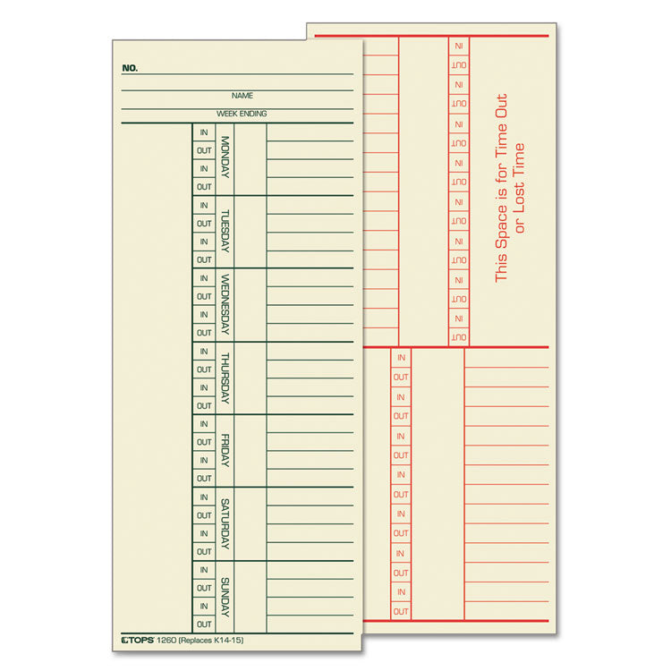 TOPS - Time Clock Cards, Replacement for K14-15, Two Sides, 3.38 x 8.25, 500/Box