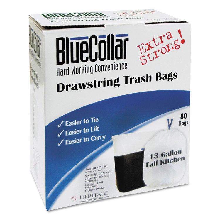 BlueCollar - Drawstring Trash Bags, 13 gal, 0.8 mil, 24" x 28", White, 480/Carton