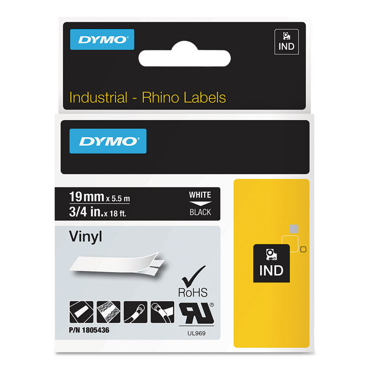 DYMO - Rhino Permanent Vinyl Industrial Label Tape, 0.75" x 18 ft, Black/White Print