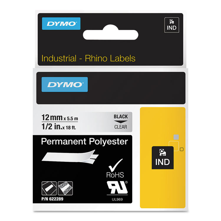 DYMO - Rhino Permanent Vinyl Industrial Label Tape, 0.5" x 18 ft, Clear/Black Print