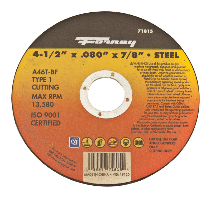 FORNEY - Forney 4-1/2 in. D X 7/8 in. Aluminum Oxide Metal Cut-Off Wheel 1 pc [71815]