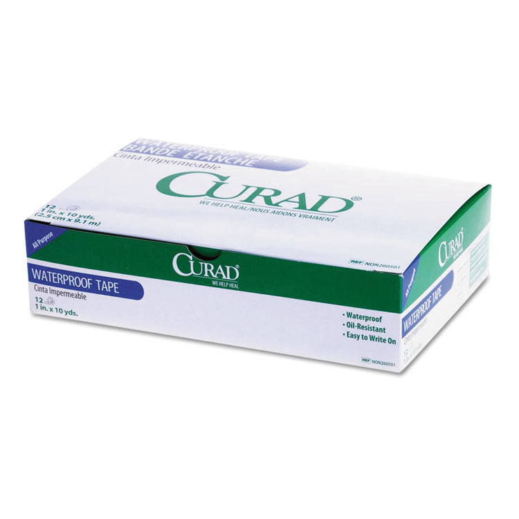 Curad - Waterproof Medical Tape, Polyethylene-Coated Cloth, 1" x 10 yds, White, 12/Box