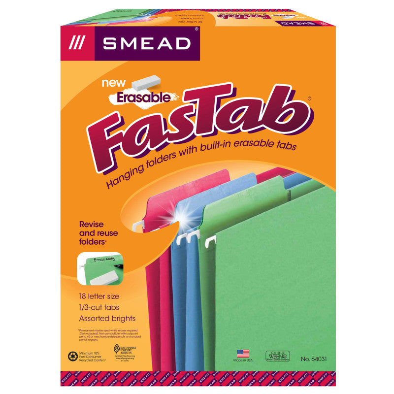 SMEAD - Erasable FasTab® Hanging File Folder, 1/3-Cut Built-In Tab, Letter Size, Assorted Colors, Box of 18