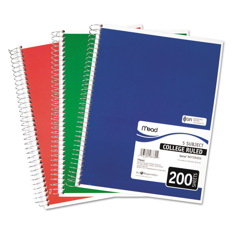 Mead - Spiral Notebook, 5-Subject, Medium/College Rule, Randomly Assorted Cover Color, (200) 11 x 8 Sheets