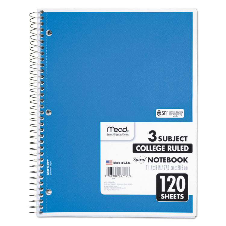 Mead - Spiral Notebook, 3-Subject, Medium/College Rule, Randomly Assorted Cover Color, (120) 11 x 8 Sheets