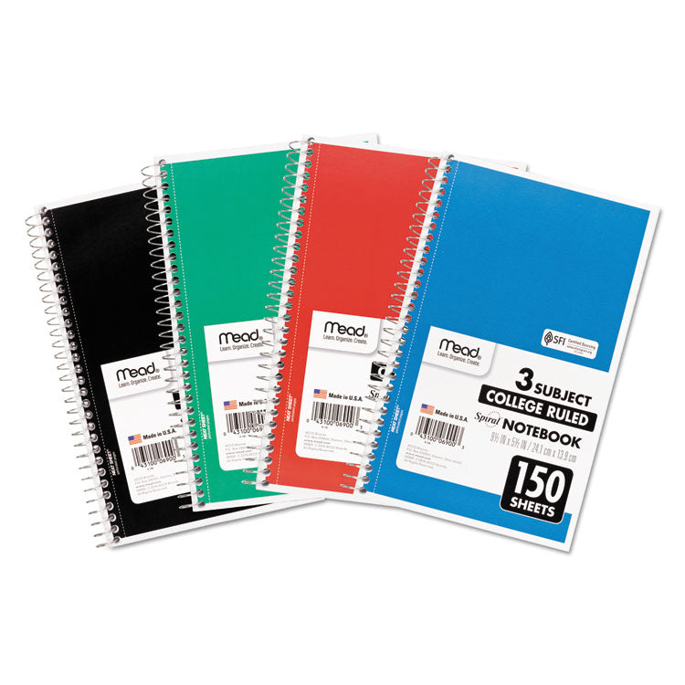 Mead - Spiral Notebook, 3-Subject, Medium/College Rule, Randomly Assorted Cover Color, (150) 9.5 x 5.5 Sheets