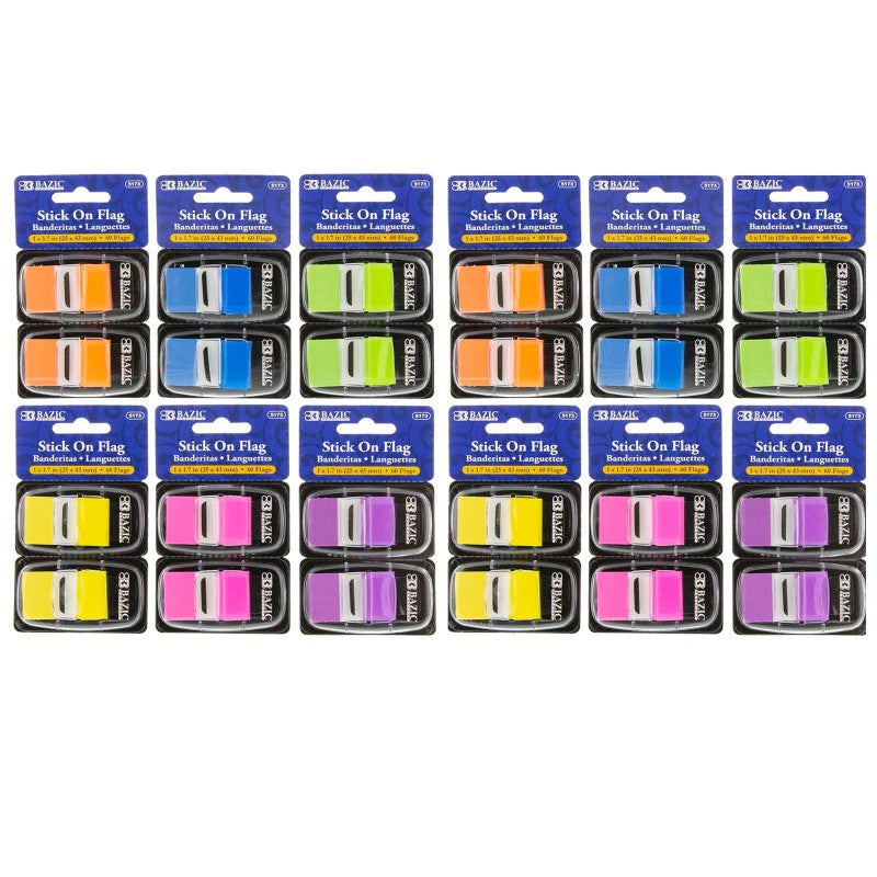 BAZIC PRODUCTS - Assorted Neon Color Standard Flags with Dispenser, 60 Per Pack, 12 Packs