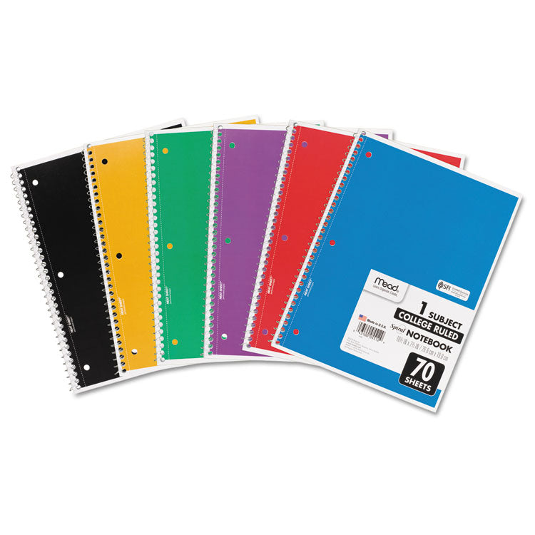 Mead - Spiral Notebook, 3-Hole Punched, 1-Subject, Medium/College Rule, Randomly Assorted Cover Color, (70) 10.5 x 7.5 Sheets