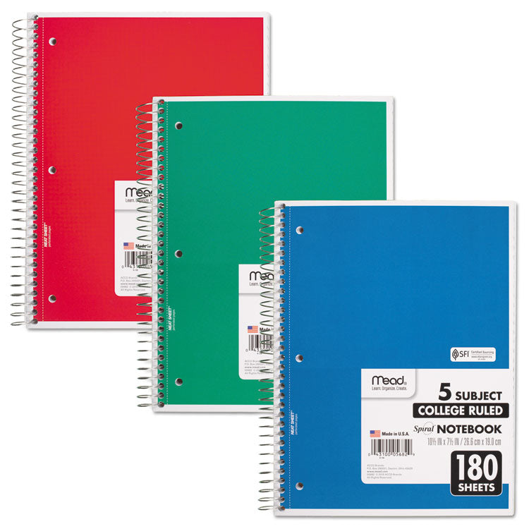 Mead - Spiral Notebook, 5-Subject, Medium/College Rule, Randomly Assorted Cover Color, (180) 10.5 x 8 Sheets