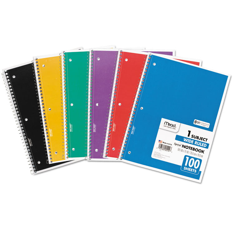 Mead - Spiral Notebook, 3-Hole Punched, 1-Subject, Wide/Legal Rule, Randomly Assorted Cover Color, (100) 10.5 x 7.5 Sheets